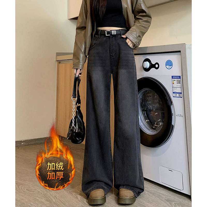300斤胖mm大码加绒阔腿牛仔裤女新款加大高腰宽松直筒美式拖地裤