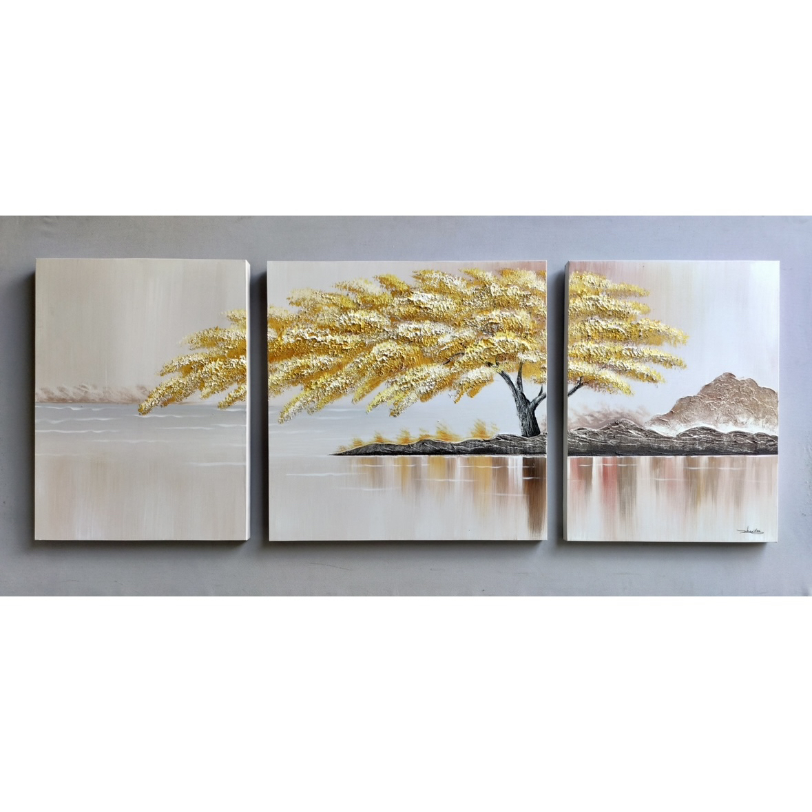 金色发财树纯手绘油画客厅沙发背景画现代轻奢奶油风厚肌理挂画