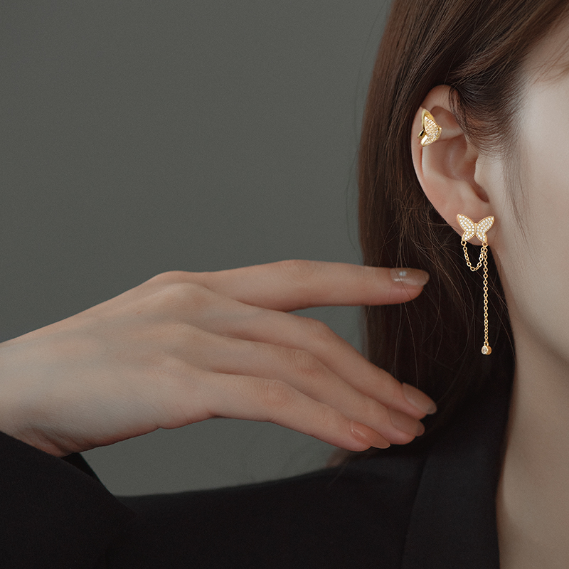 金美澳 铜合金合成锆石耳饰 不对称蝴蝶高级感耳骨钉气质流苏耳环
