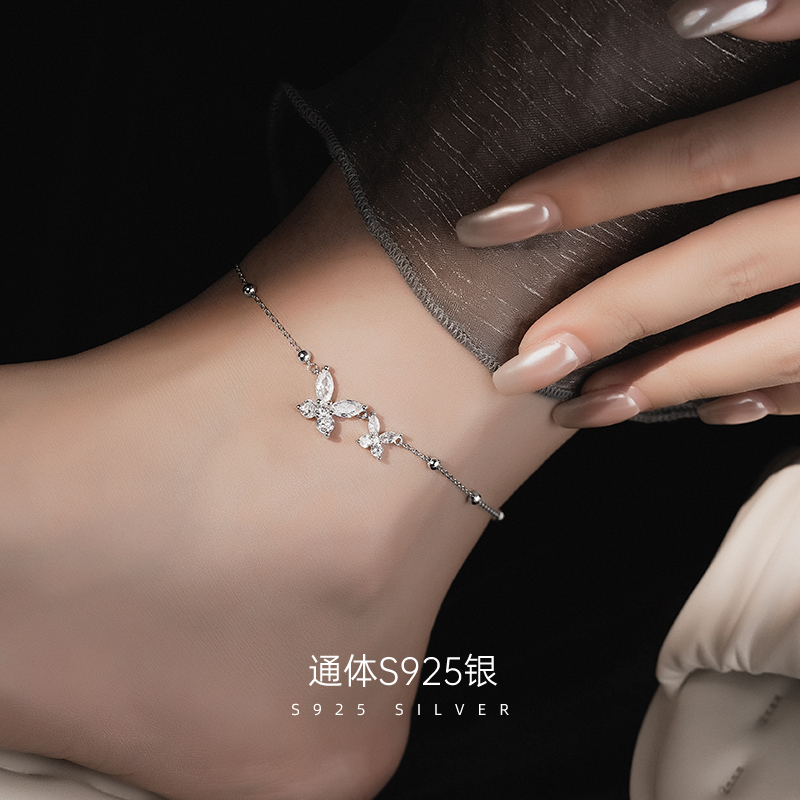 金美澳 925银合成锆石脚链 蝴蝶足链女款2025新款高级感女式脚链