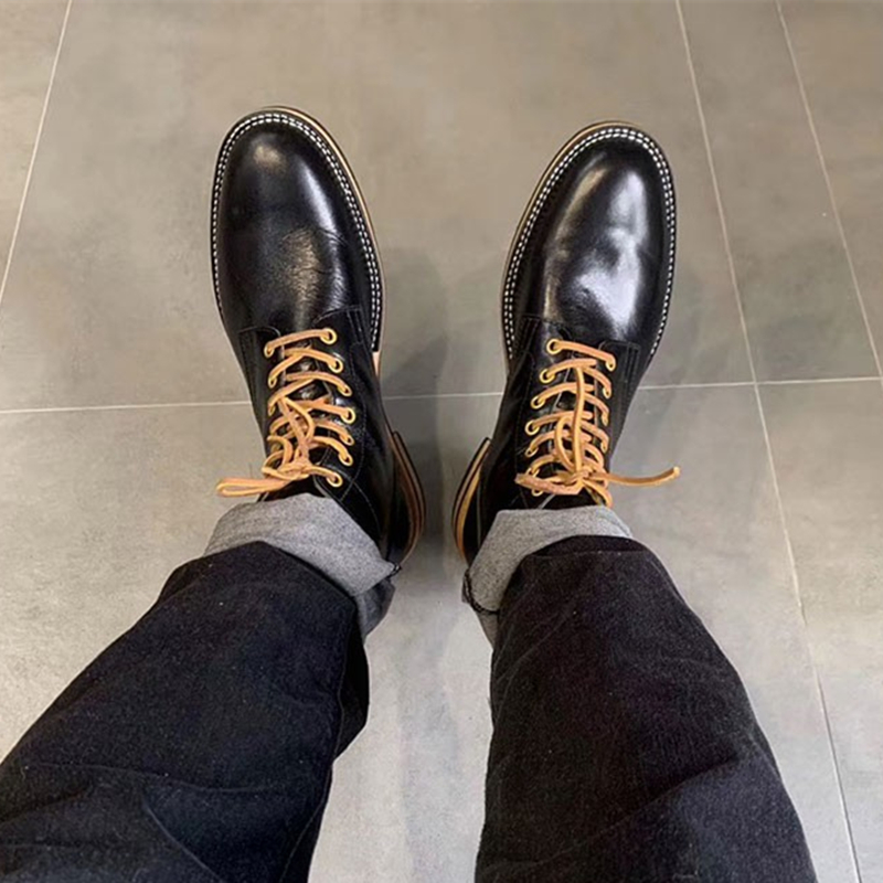 日系复古手工固特异黑色马丁靴高帮工装鞋真皮机车靴短靴子男秋冬