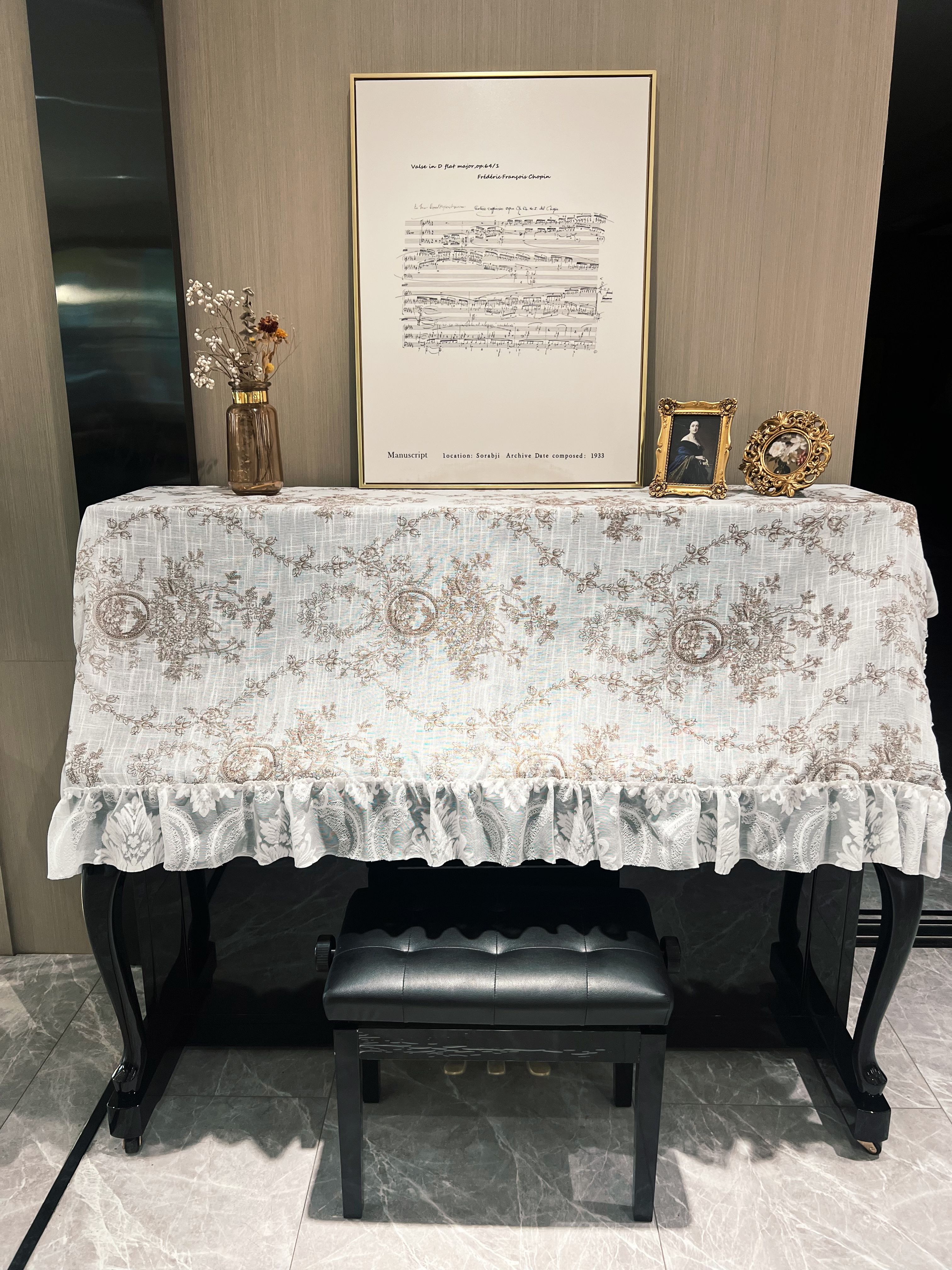 法式复古摩卡色田园印花钢琴罩全罩半罩蕾丝花边防尘罩欧式茶几布