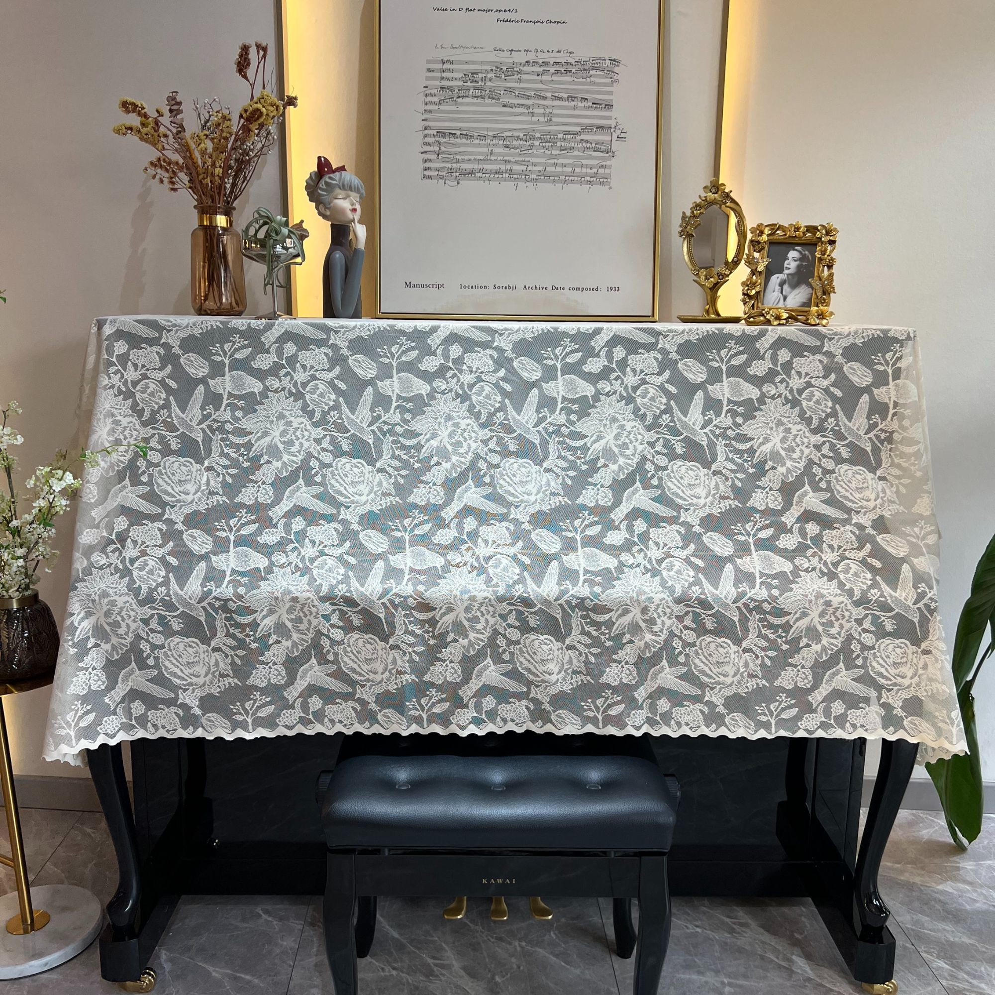 中古风鸟语花香款钢琴全罩高品质网纱提花钢琴防尘罩