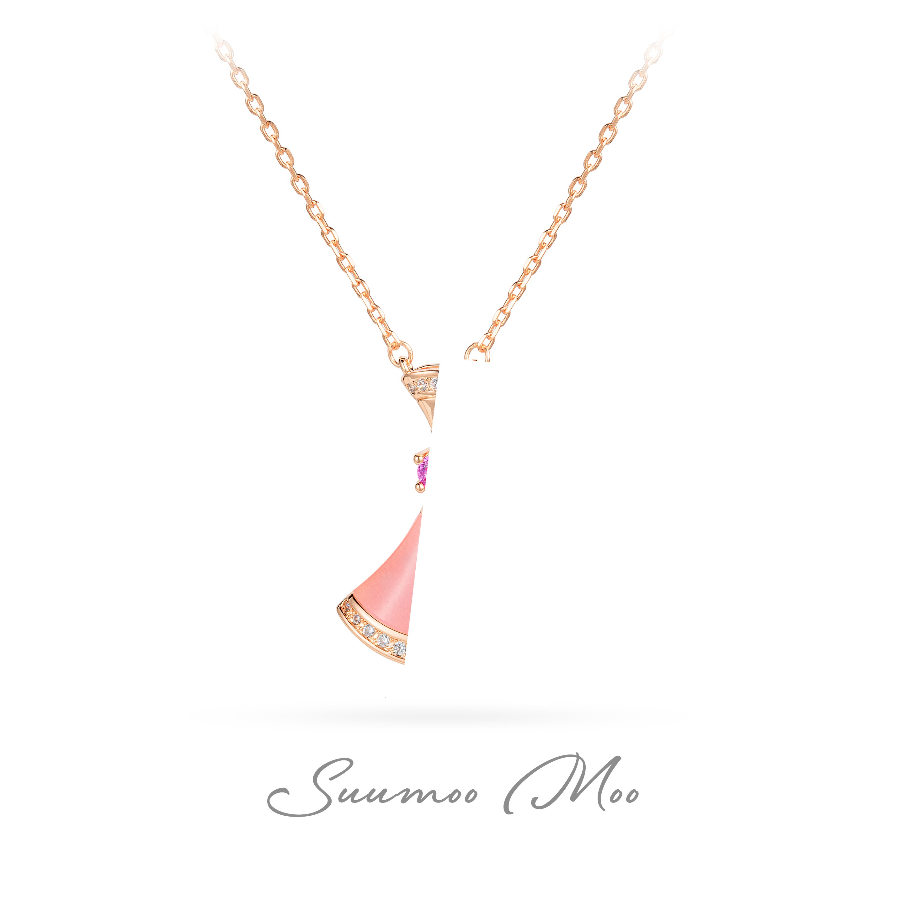 坠链均925银合成锆石 法式高级感时尚粉色项链灵动925通体银