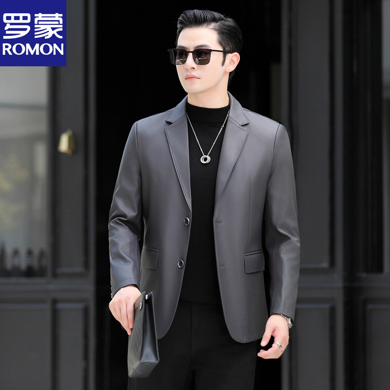 Romon/罗蒙2025新款皮衣男休闲百搭西装皮外套西装领纯色皮夹克