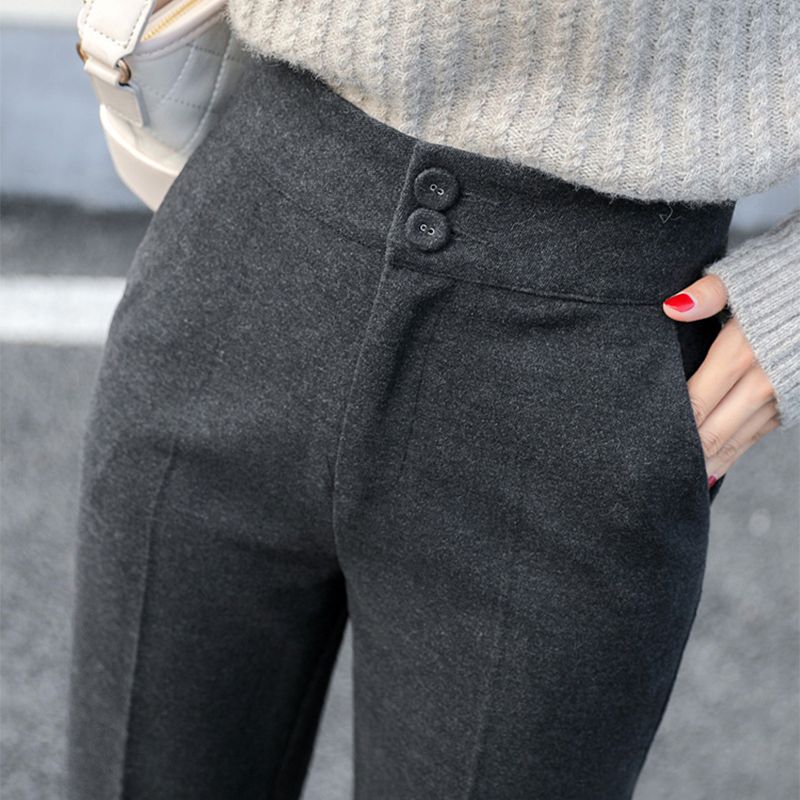 灰色毛呢西装裤女秋季新款高腰九分显瘦西裤休闲萝卜裤加绒烟管裤
