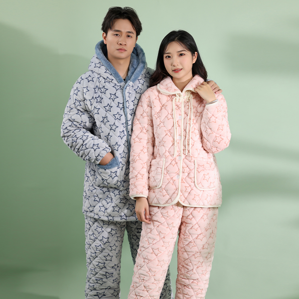 粉色小星星【三层夹棉加绒】夹棉睡衣加绒加厚冬季家居服套装女连帽