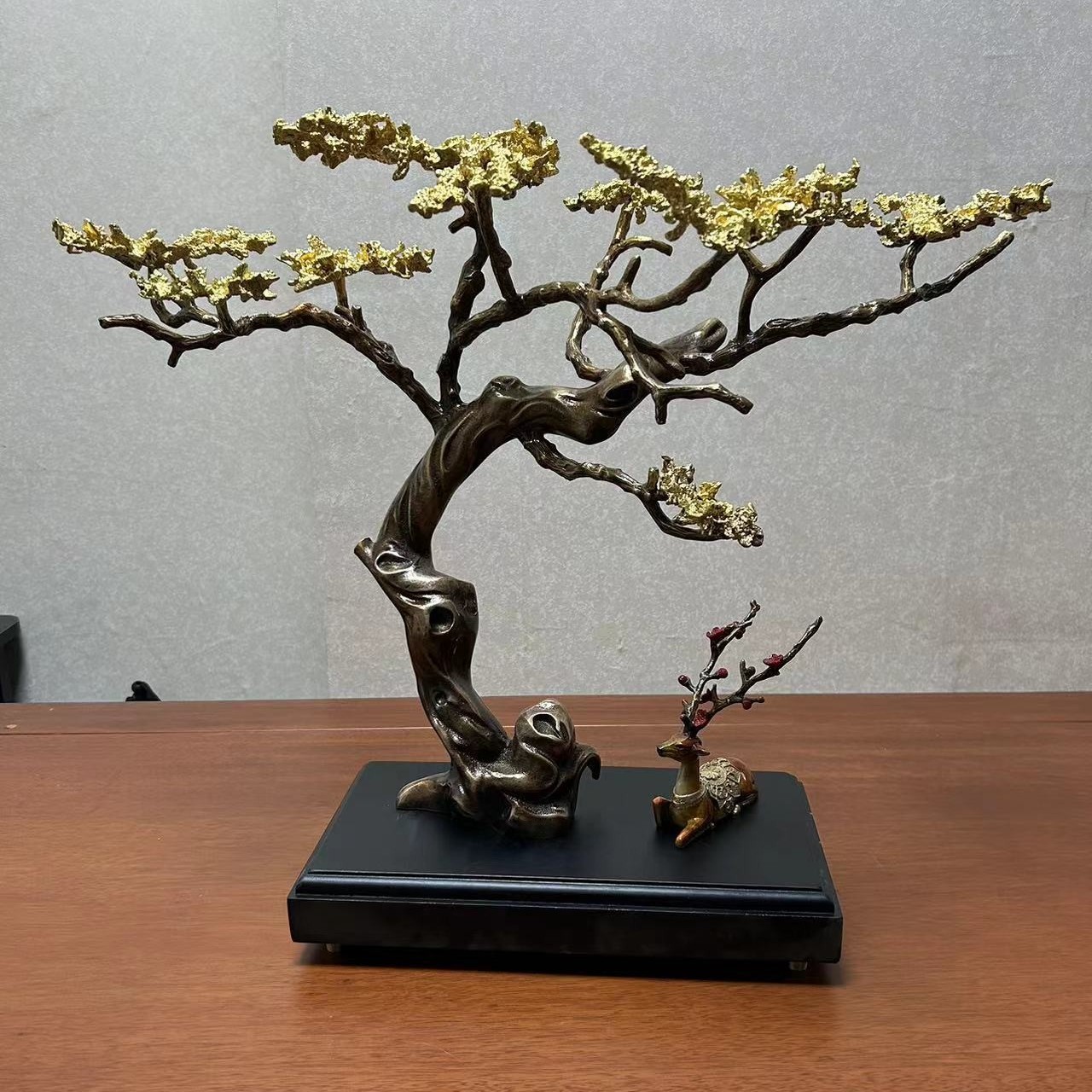 黄铜迎客松客厅玄关酒柜装饰品家居摆件新中式现代轻奢办公室招财