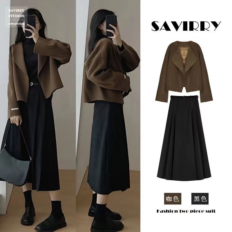 温柔系穿搭女2023秋冬新款气质时尚遮肚显瘦外套高腰半身裙两件套