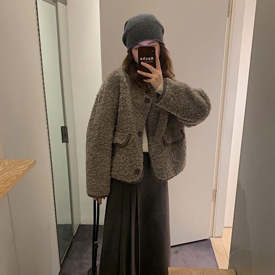 BBeginning颗粒绒羊羔毛外套女2023秋冬新款加绒加厚宽松毛呢上衣