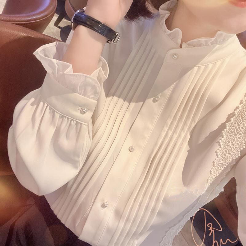 高档蕾丝拼接荷叶领长袖衬衫女秋季新款洋气设计感小众衬衣上衣女