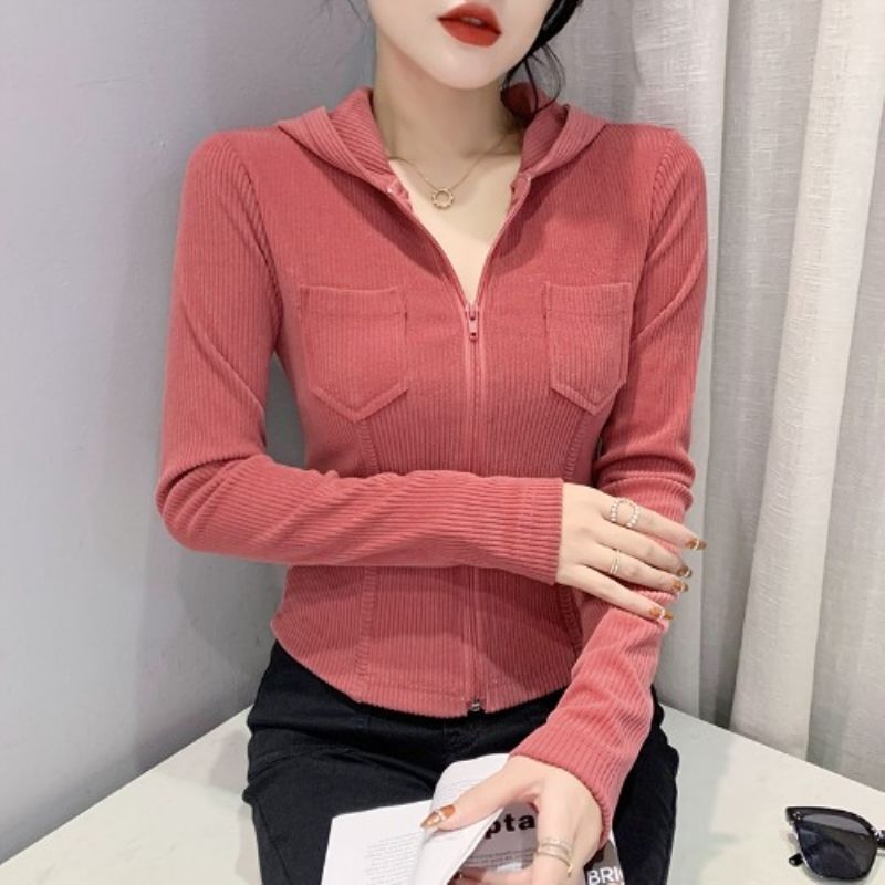 连帽打底衫女秋冬2023年新款修身长袖T恤时髦时尚洋气高级感上衣