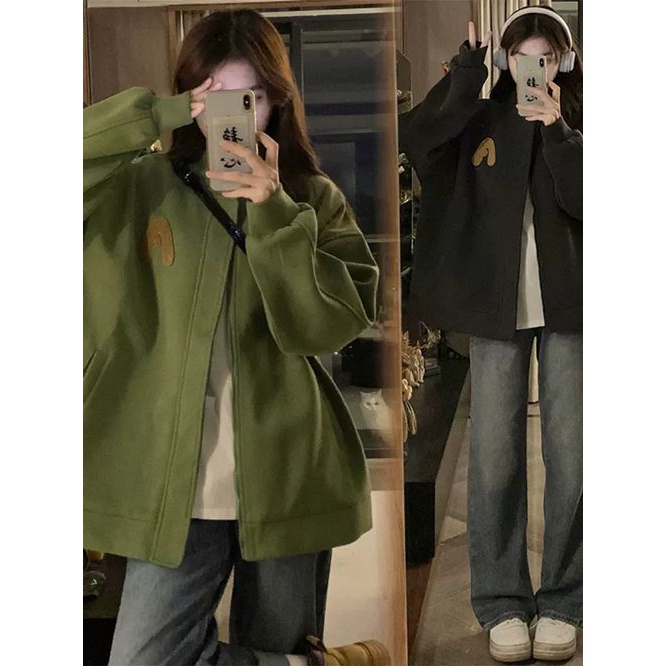 棒球服外套女秋冬2023新款复古刺绣字母宽松中长款绿色长袖夹克潮