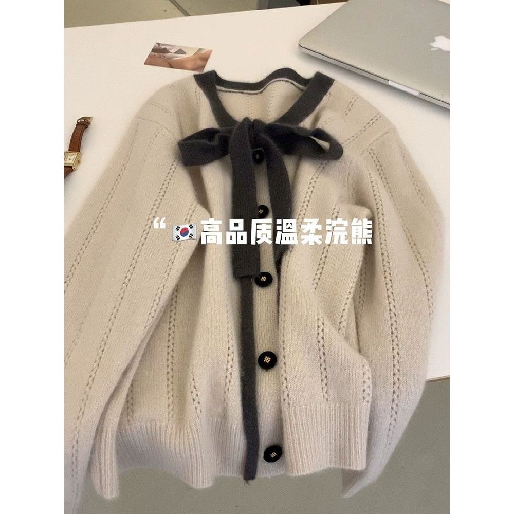 温柔风软糯蝴蝶结v领针织开衫女秋冬加厚设计感小众毛衣外套上衣