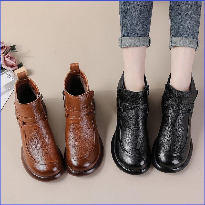 妈妈鞋棉靴女软皮软底平底百搭马丁靴2024秋冬新款中年短靴女棉鞋