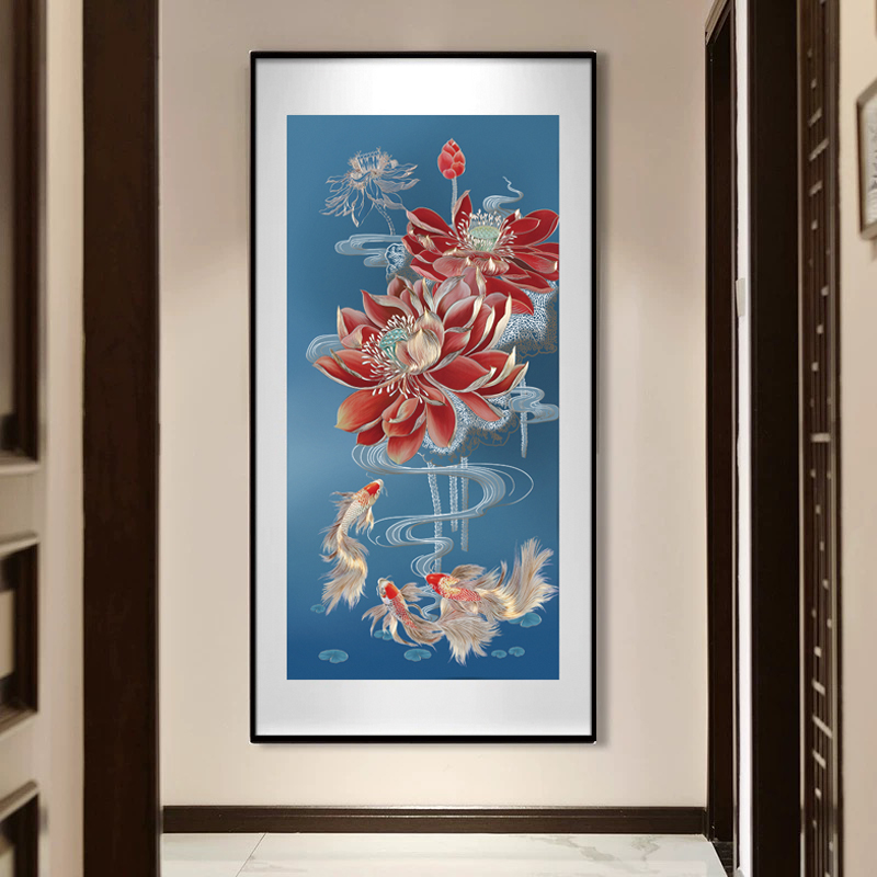 《荷花锦鲤》手工立体金箔描金玄关画入户正对门九鱼3d立体竖版壁画