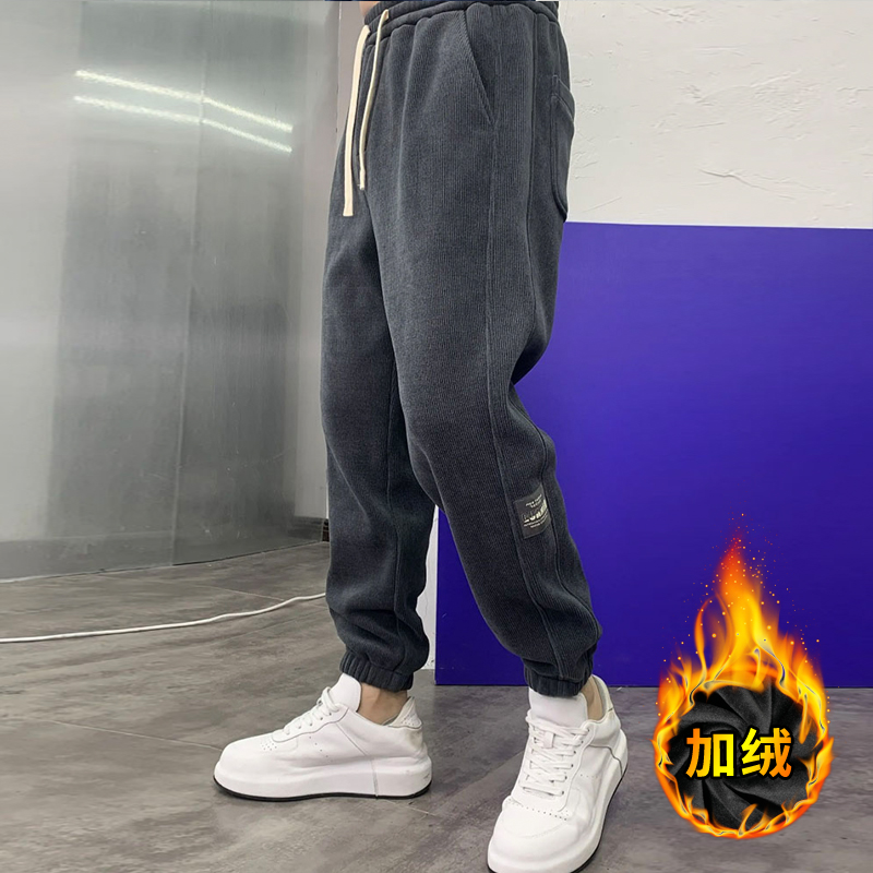 加绒卫裤运动裤男宽潮流松男秋冬裤子灯芯绒百搭束脚卫裤加厚男款