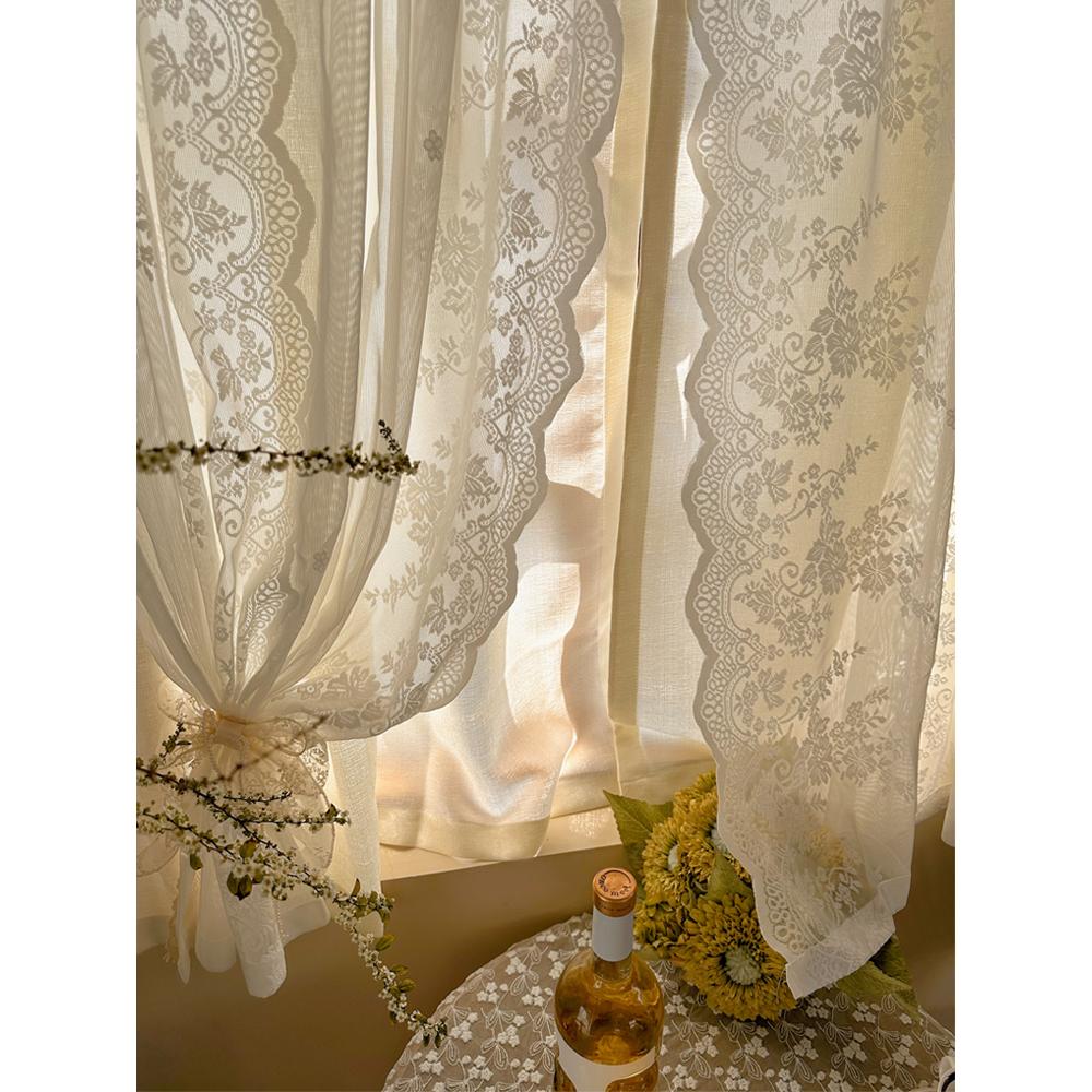 法式蕾丝双层体奶油色透光不透人半遮光仙女风公主系窗帘隔断帘