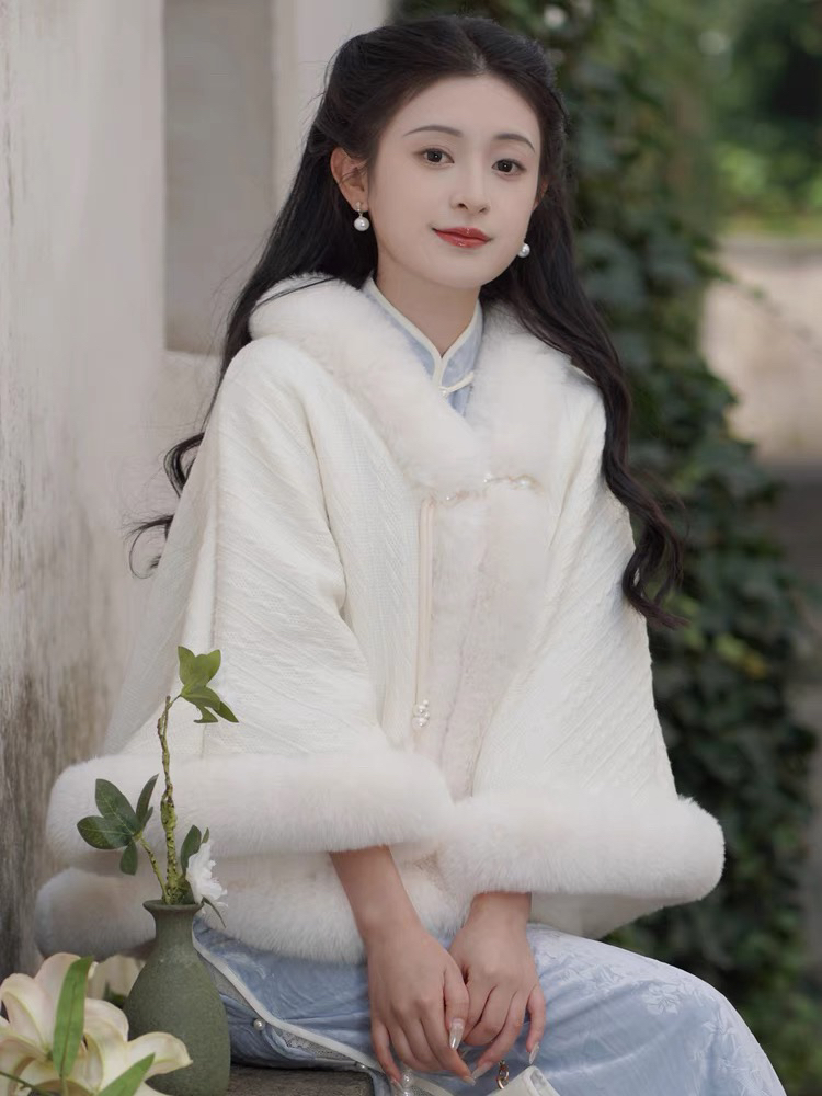 非小毛薄的仿货❗️W-002温柔仙女加绒斗篷披肩配旗外搭开衫加厚