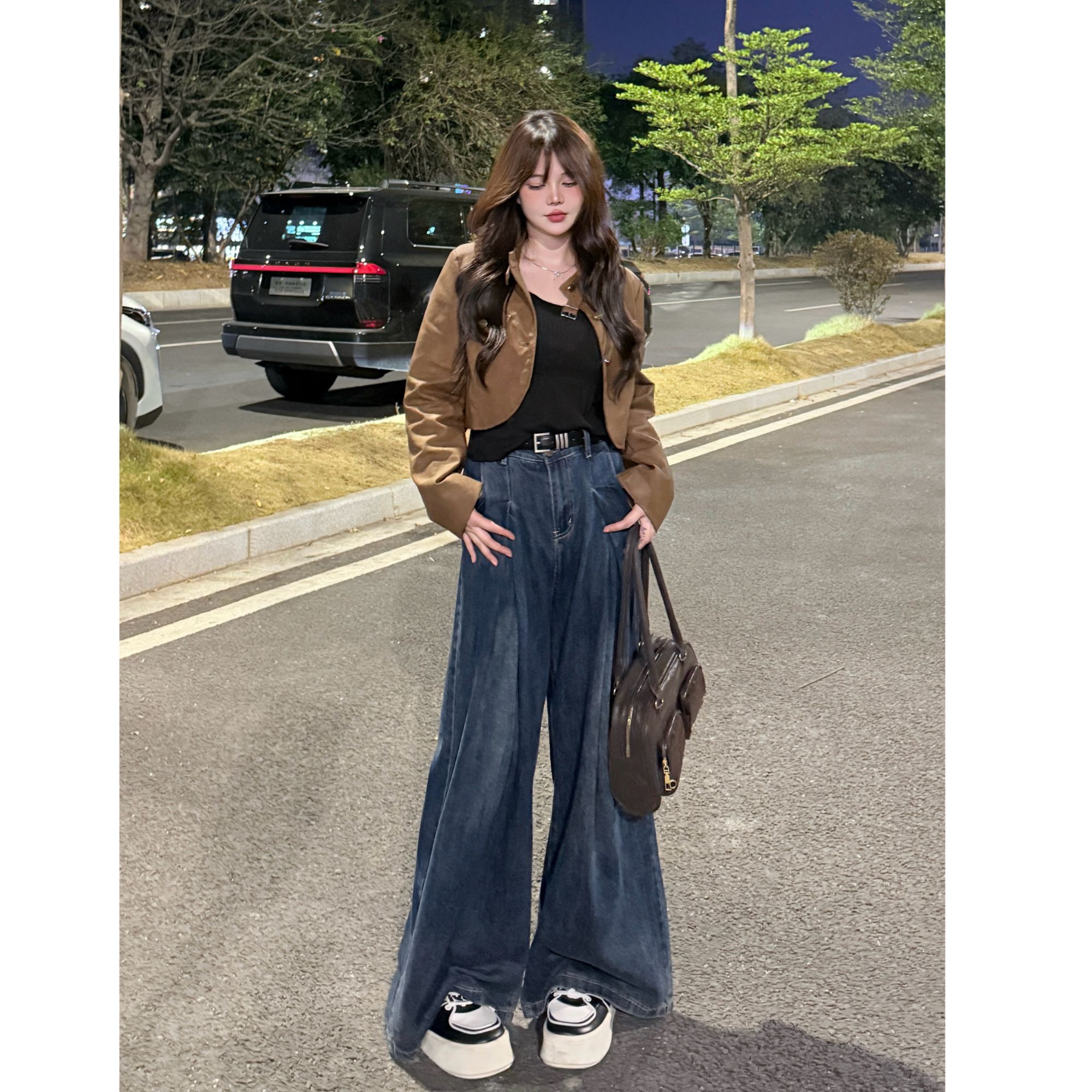 【胖丫丫】美式褶皱阔腿牛仔裤新款蓝灰色高腰拖地裤
