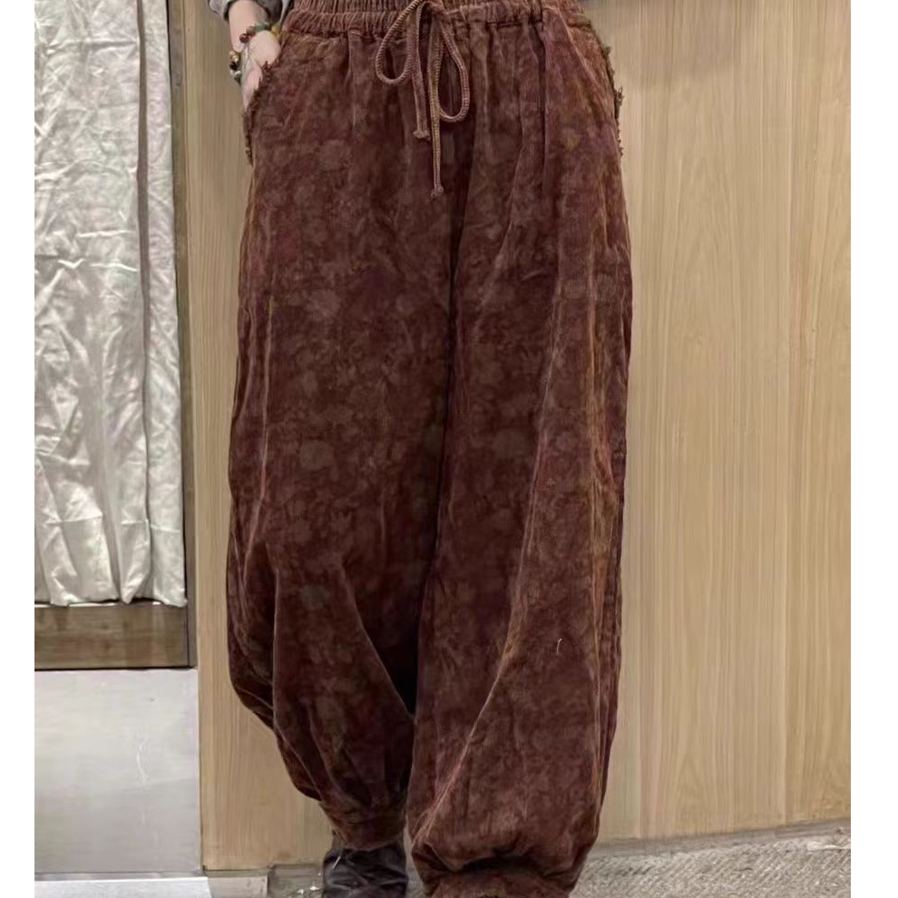 wh60196复古炒色印花灯芯绒哈伦裤女秋冬新款气质百搭纯棉灯笼裤