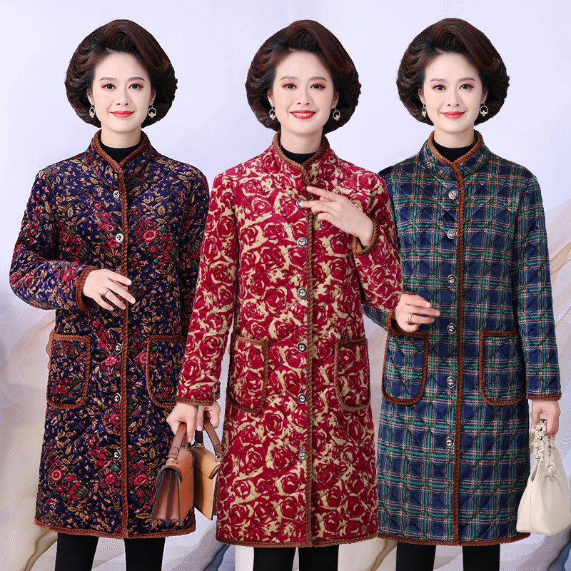 冬季新品加绒棉衣女长款保暖时尚妈妈棉袄耐脏中老年气质大码棉袄