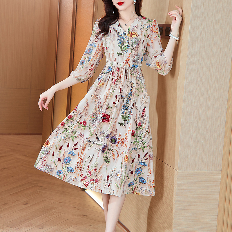 2025新款连衣裙女高档气质显瘦中长款碎花裙子J2489