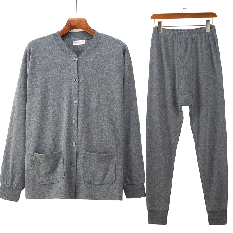 中老年男士纯棉系扣秋衣秋裤大码宽松开衫秋冬爸爸对襟内衣棉毛衫