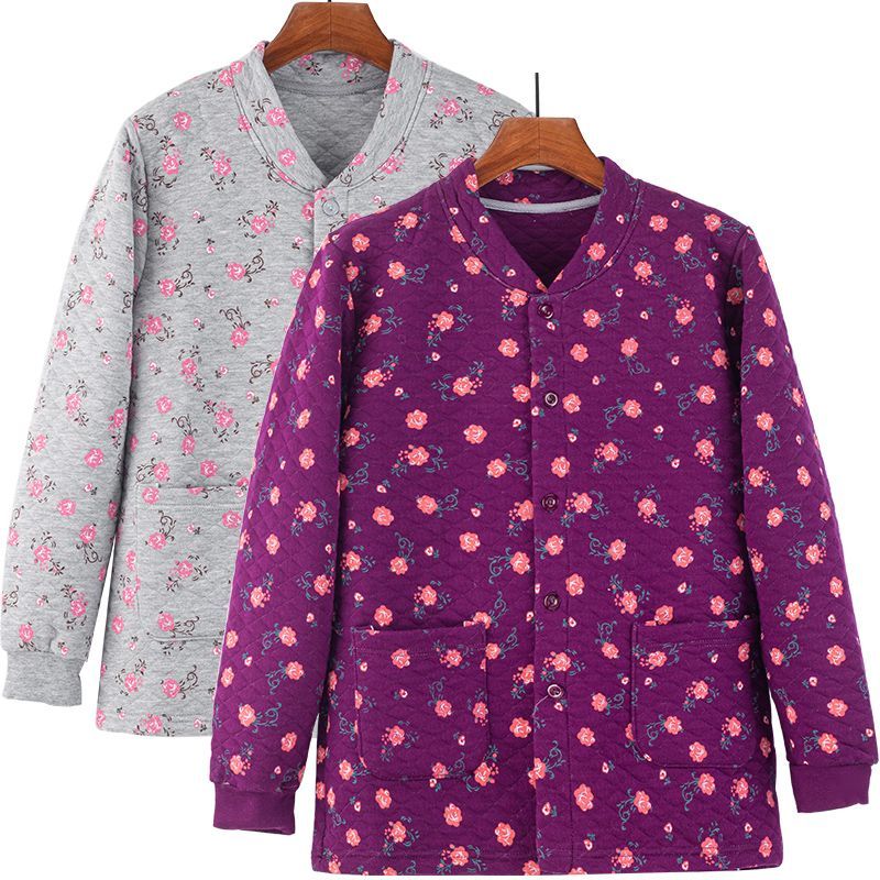 秋冬中老年人三层夹棉保暖内衣老太太开衫妈妈加肥宽松夹棉内衣