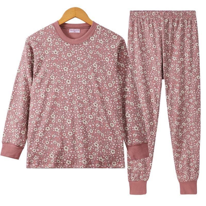 中老年人纯棉秋衣秋裤套装女老人圆领薄款保暖内衣妈妈秋冬棉毛衫