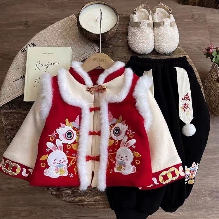 女童秋冬季加绒新年套装2024新款新中式唐装女宝宝元旦表演两件套