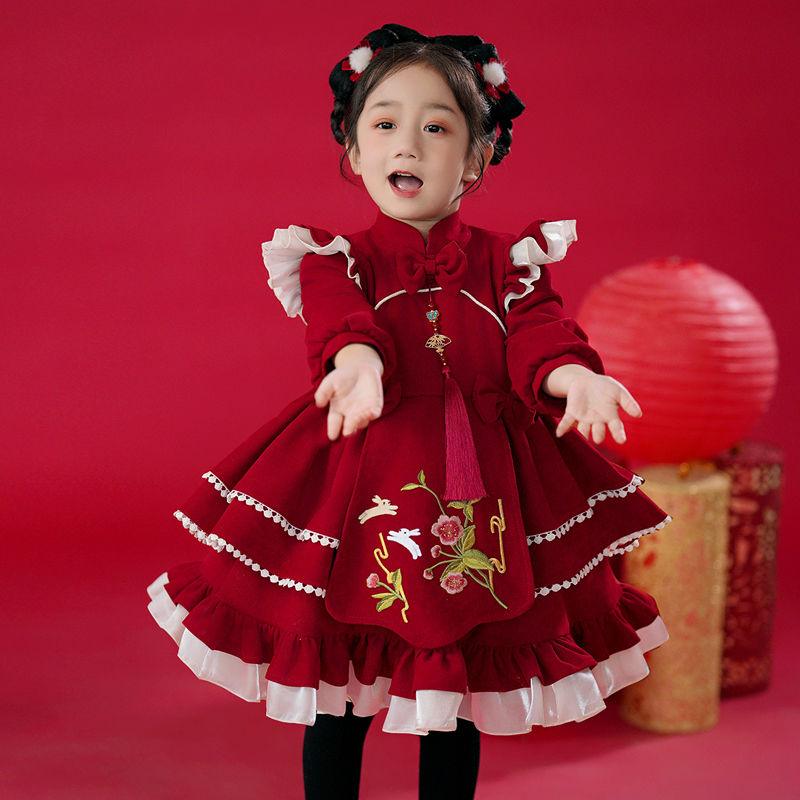 女童2023新款洋气喜庆拜年服宝宝加绒周岁新中式古风礼服裙圣诞裙