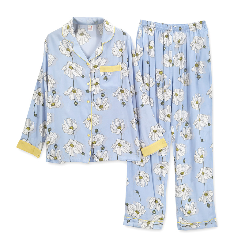 J077【工厂直销】女士家居服梭织印花莫代尔翻领长袖长裤睡衣套装