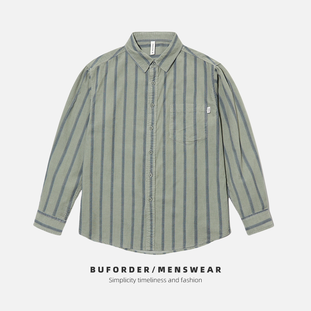 复古灯芯绒长袖衬衫男士休闲纯棉竖条纹宽松潮流经典翻领衬衣潮