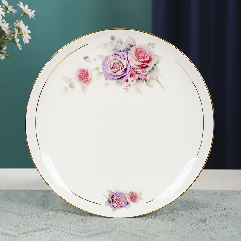 景德镇骨瓷10英寸大盘、牛排盘、水果盘、零食陶瓷盘、手工镶金边