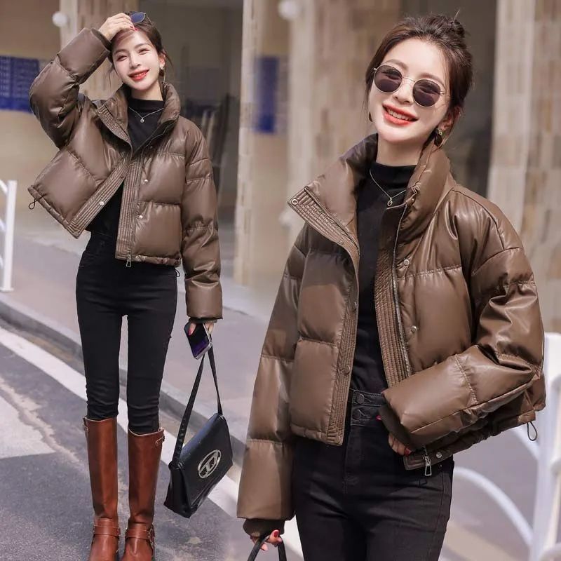 艾菜依免洗PU皮羽绒羽绒服棉户外运动冬季2023年新款宽松立领加厚