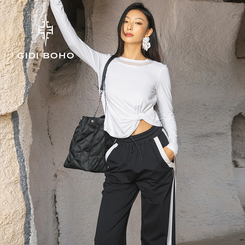 GIDI BOHO/极地薄荷新款秋季时尚长袖运动健身休闲宽松开叉T恤女