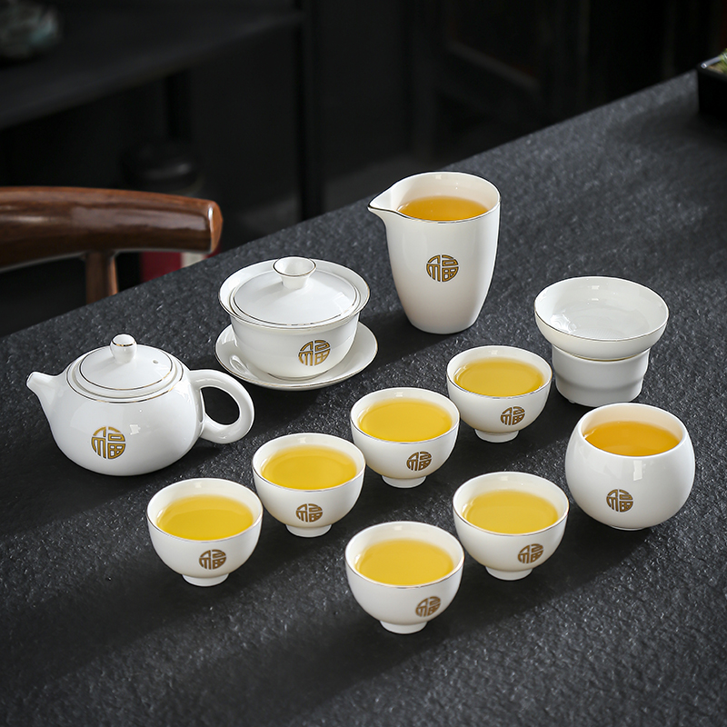 晟翔陶瓷茶具福12头家用茶具套装简约羊脂玉瓷