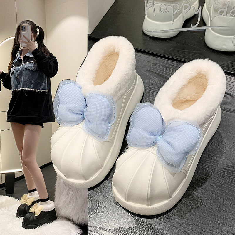 可爱蝴蝶结雪地靴女款冬季新款网红时尚厚底加绒居家防滑棉鞋少女