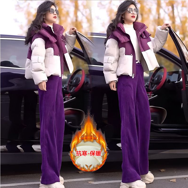 新款2025冬装洋气休闲运动棉衣套装拼色加厚保暖棉服加绒裤两件套