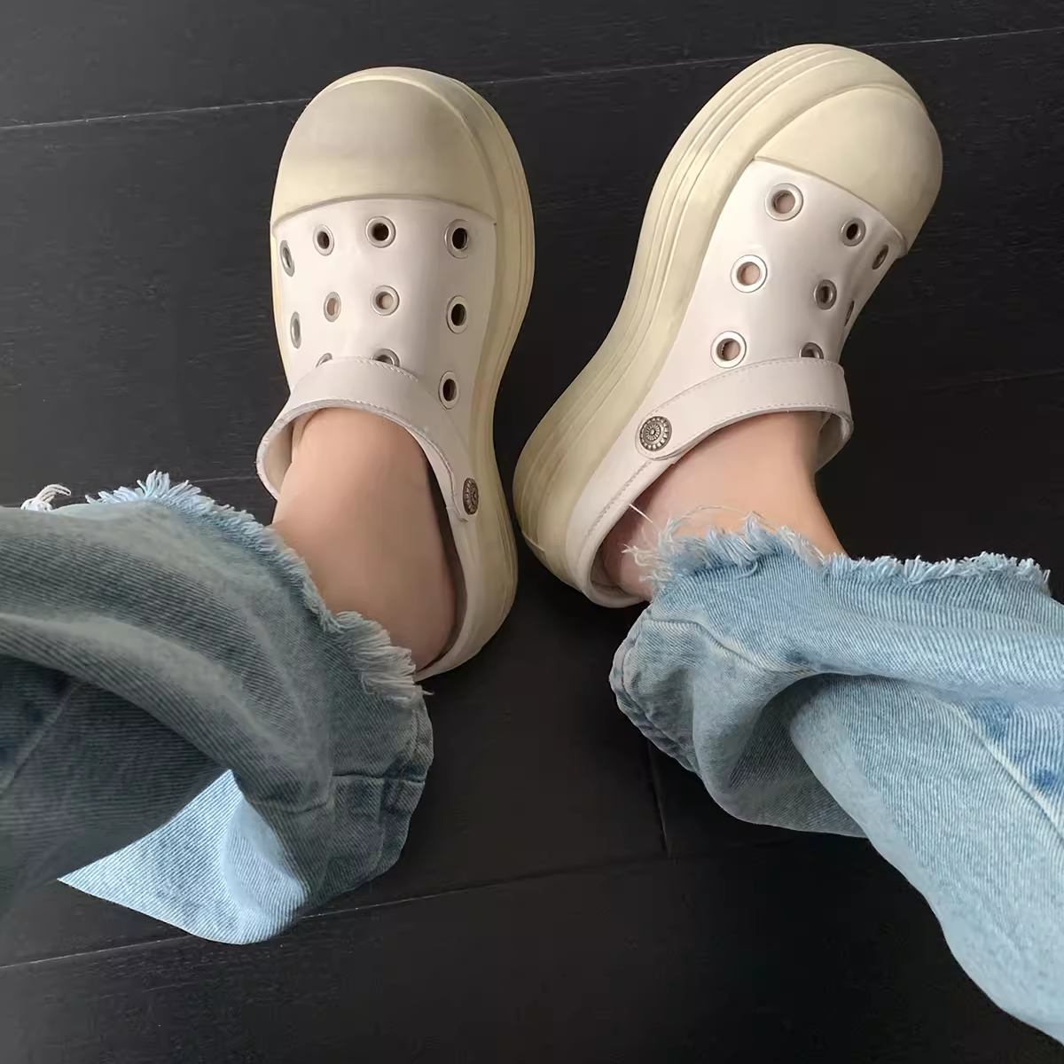 【头层牛皮】米奇厚底洞洞鞋女2025新款