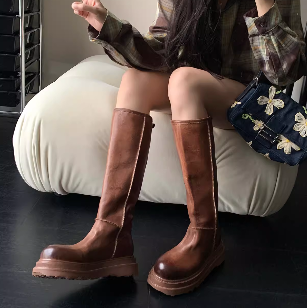 【马皮】水洗工艺！厚底显瘦增高筒靴秋冬新款小个子美拉德长靴女