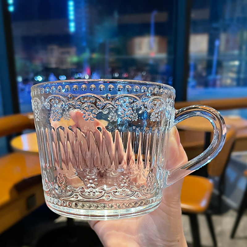 复古浮雕耐热带盖勺子家用燕麦牛奶把手杯早餐杯咖啡杯玻璃杯杯子