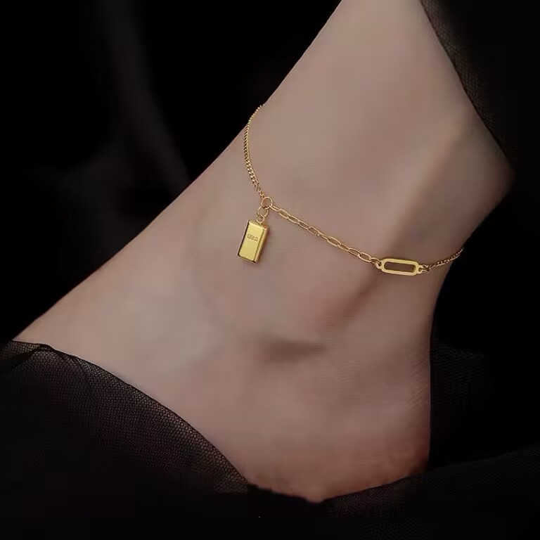 钛钢脚链 轻奢时尚小众简约金色ins素款不掉色小方砖脚链女冷淡风