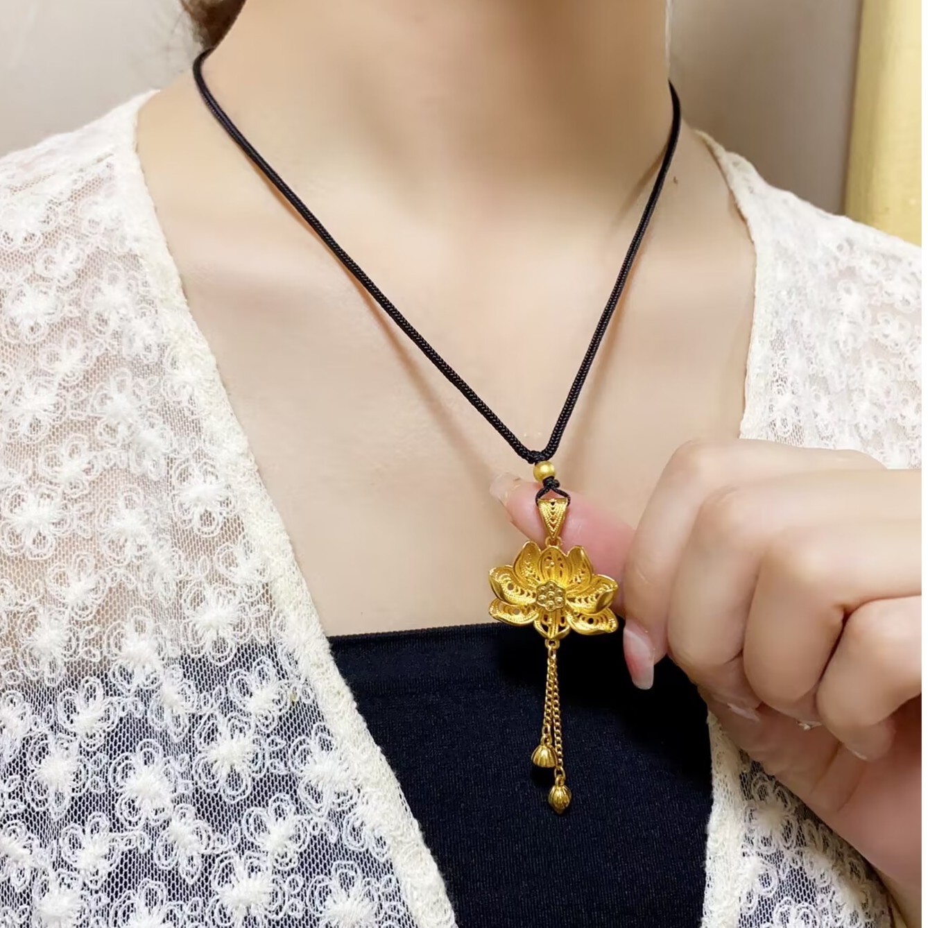 铜合金布艺吊坠 民族风两世欢项链编绳古法素款手工气质莲花吊坠