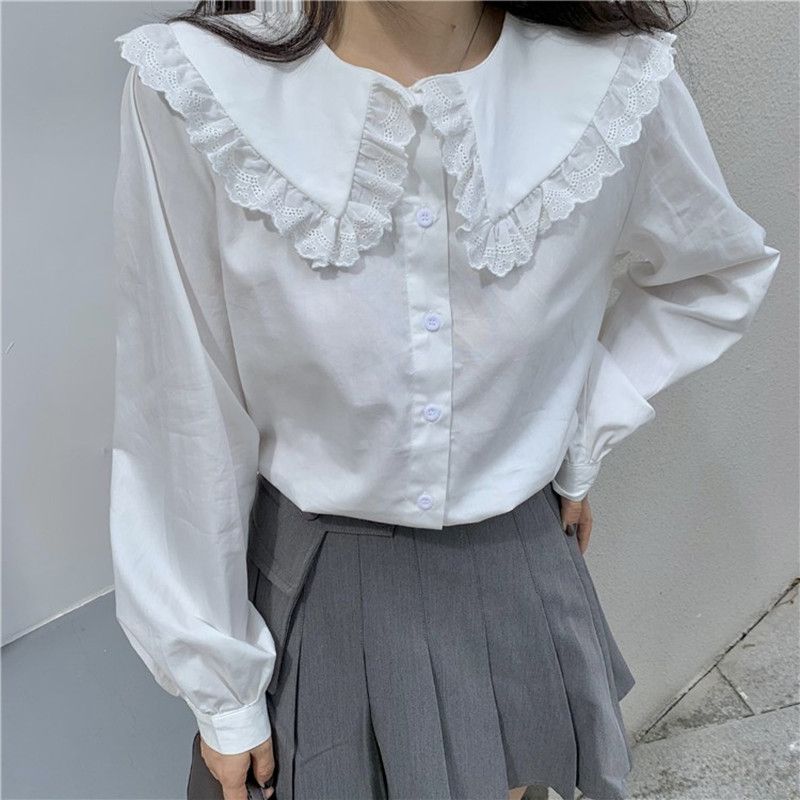 韩系清新街头风甜美穿搭长袖衬衫纯棉大翻领设计春秋内搭外穿衬衣