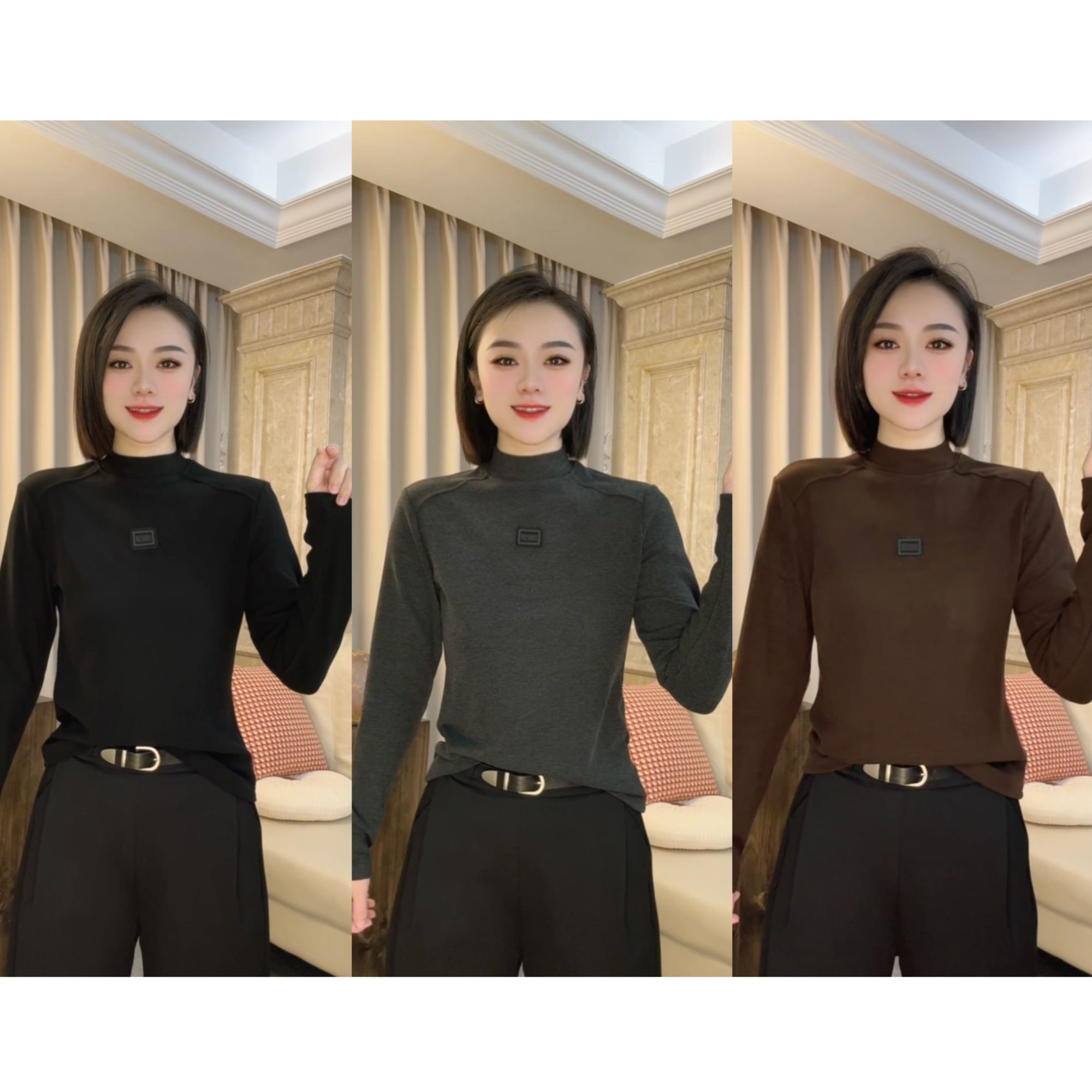 依骊汇秋冬款半高领设计感时尚百搭长袖显瘦上衣女3995休闲修身