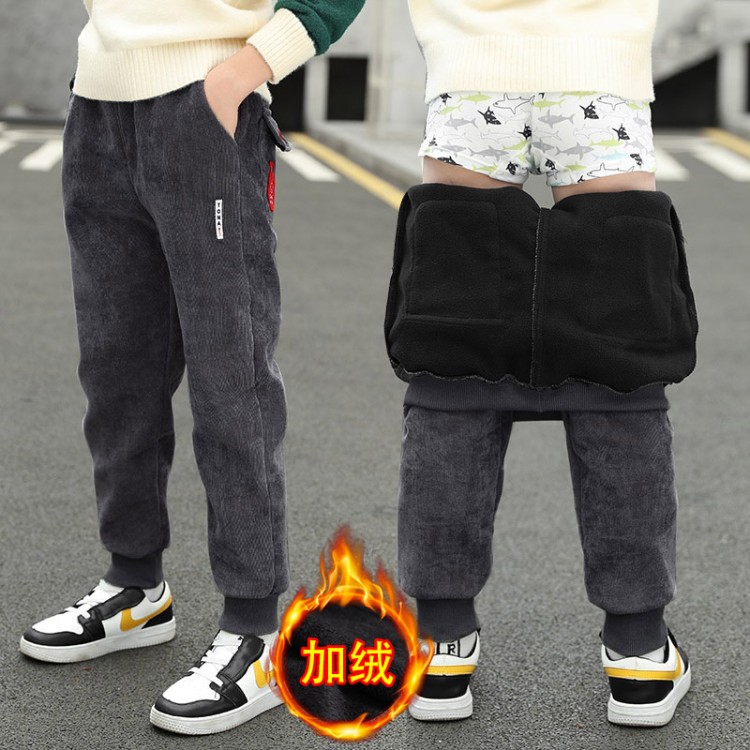 男童冬款加绒裤子2023新款中大童男孩洋气一体绒加厚保暖休闲卫裤