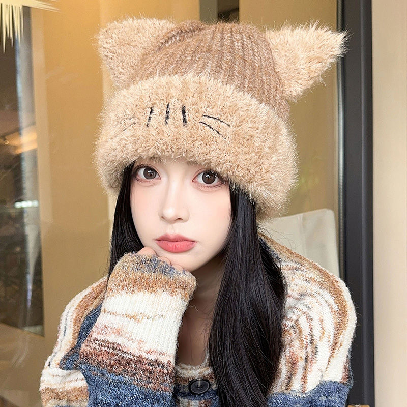 韩版猫耳朵针织帽子女秋冬季可爱保暖护耳套头帽刺绣包头毛线帽潮