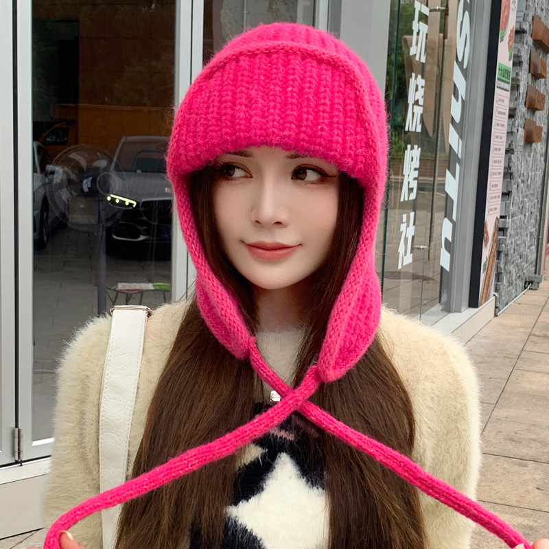 手工针织护耳帽女秋冬显脸小滑雪保暖系带雷锋帽百搭毛线包头帽潮